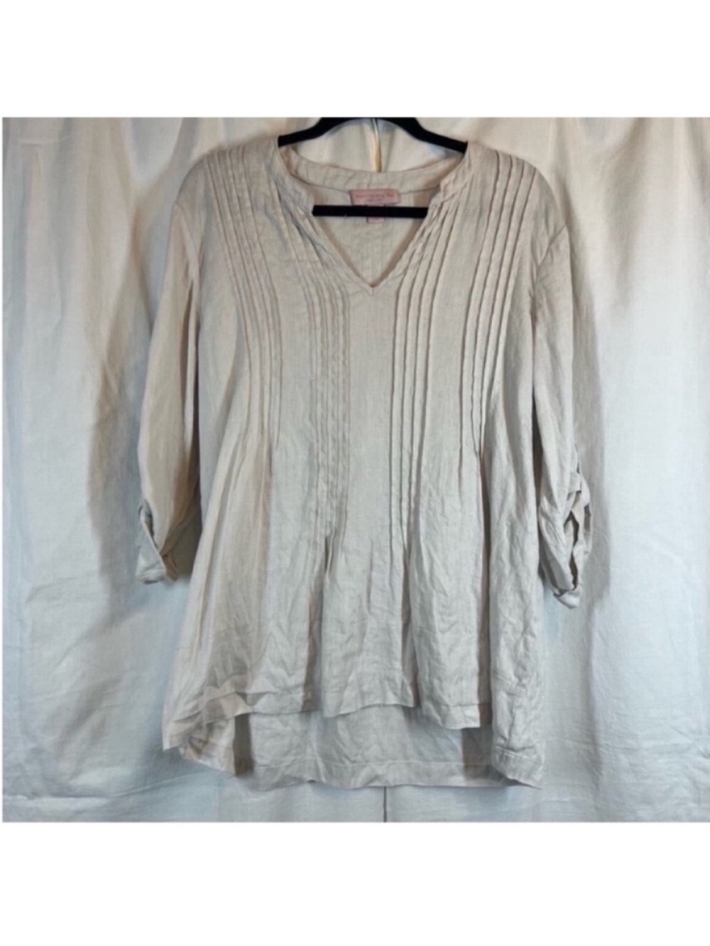 Saint Tropez West 100% linen 3/4 sleeve pleated tunic top lagenlook peasant